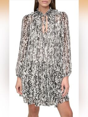 NWT DKNY Black & White Wavy Print Long-Sleeve Babydoll Mini Dress 14
